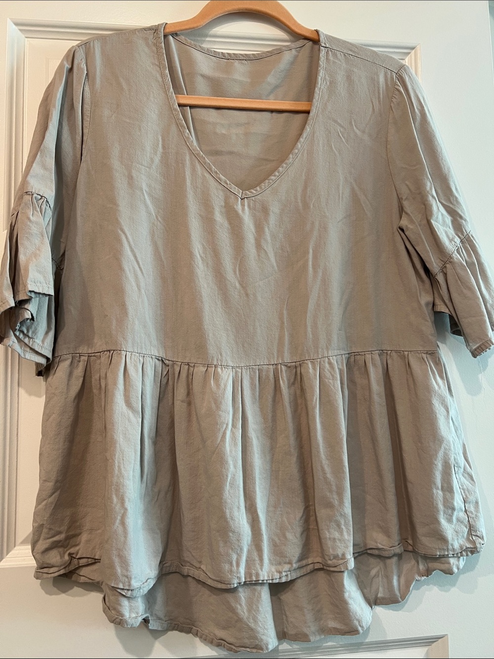 Beginning Boutique Taupe V-Neck Tiered Peplum Tunic Top